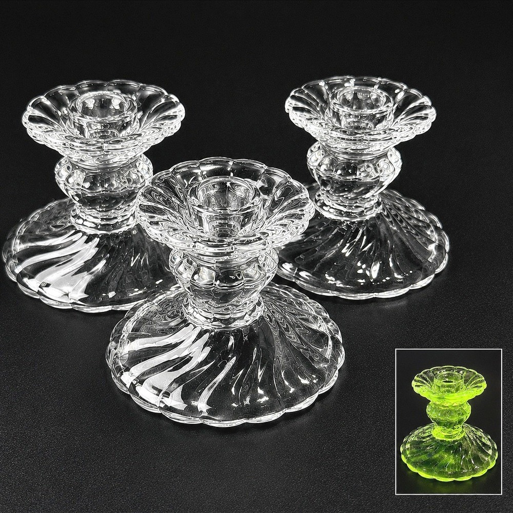 Vtg. Fostoria Colony Swirl Glass Candlestick Holders Luxury Set of 3 UV Glowy